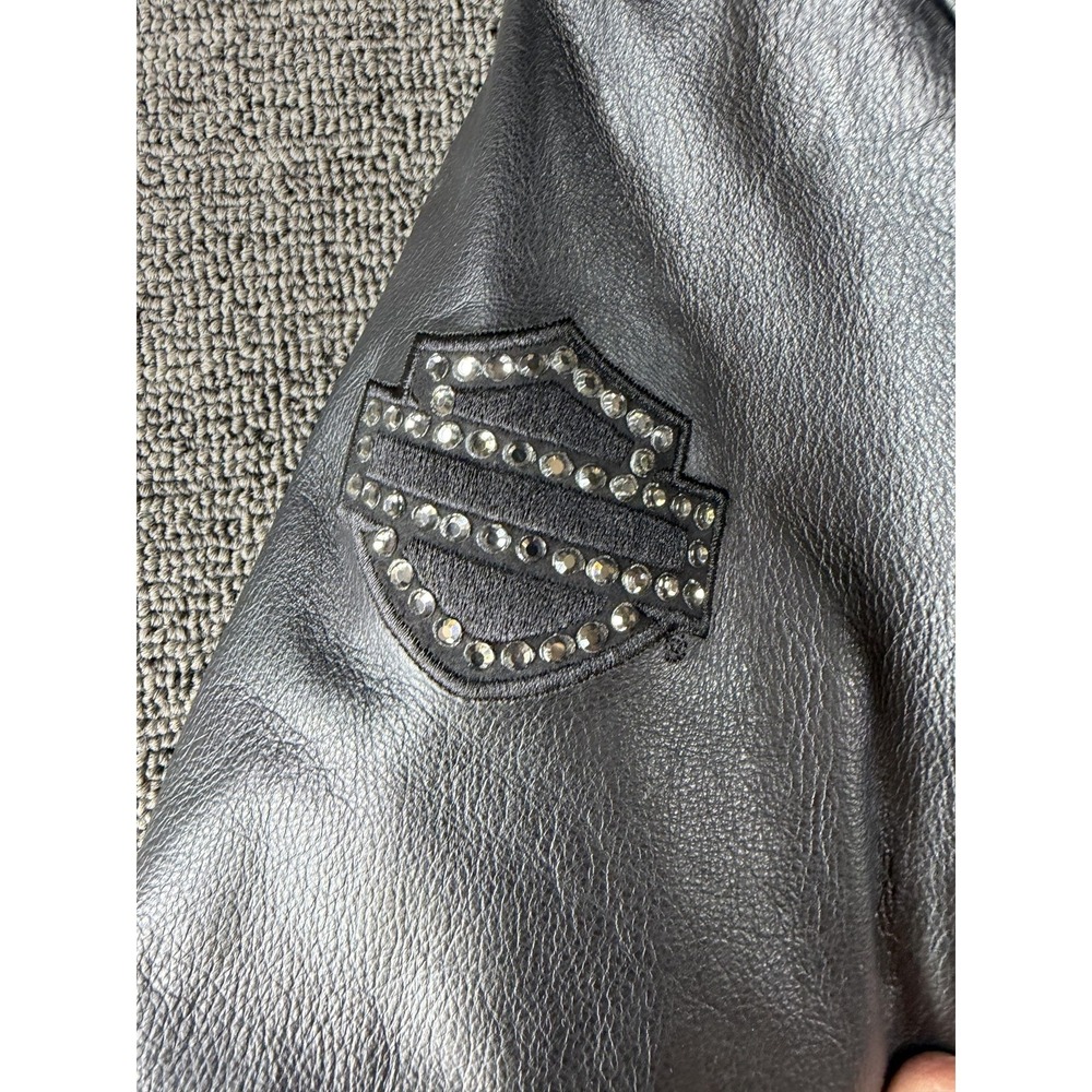 Harley Davidson Jacket Womens Medium Black Leather Motorcycle Rhinestone Zip - Picture 5 of 14